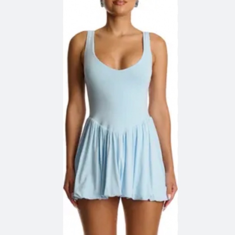 Naked Wardrobe Light Blue V-Neck Bubble Hem Mini Dress Size L NWT Coquette